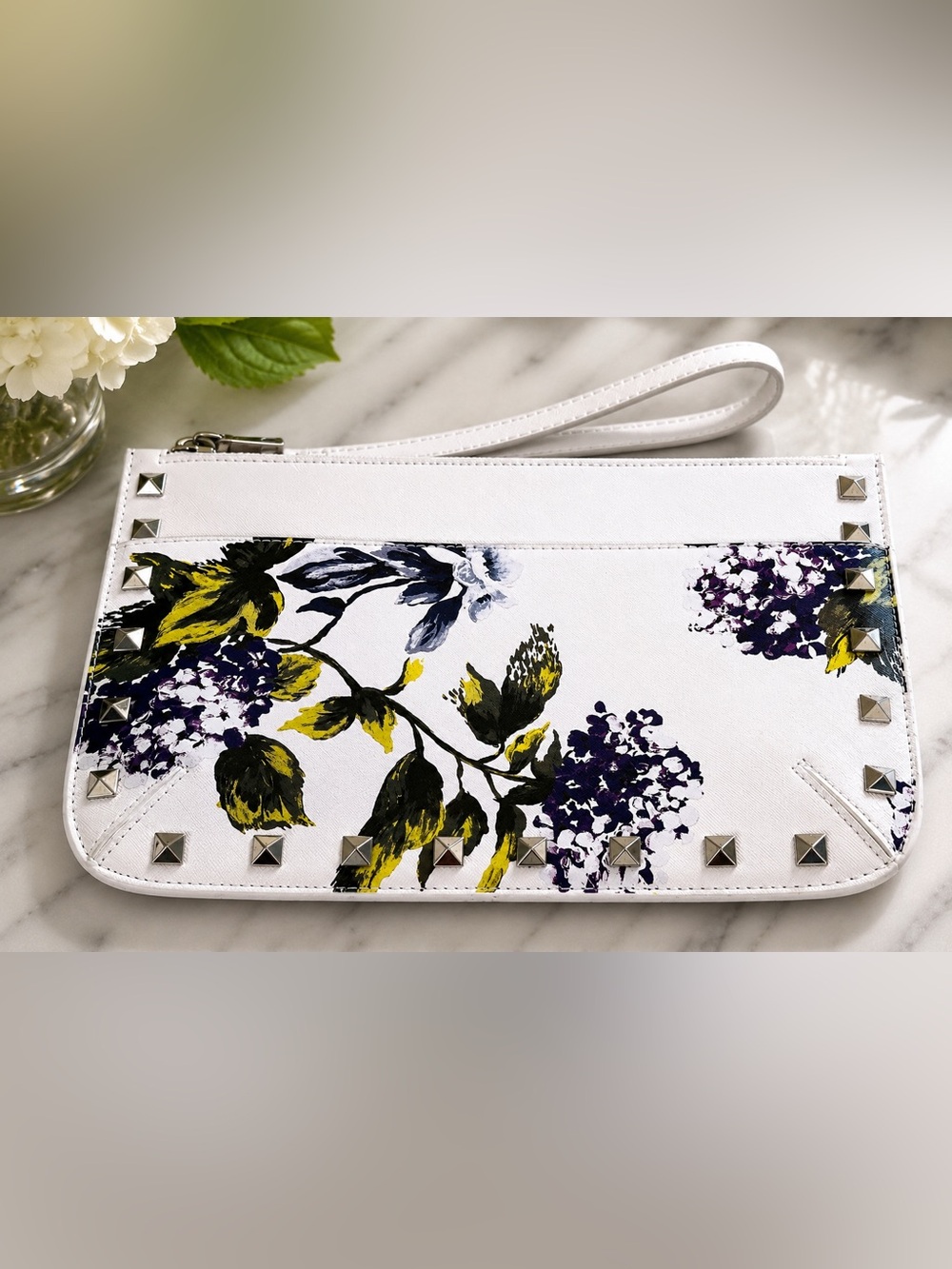 White House Black Market Floral Studded Wristlet Clutch White Purple
